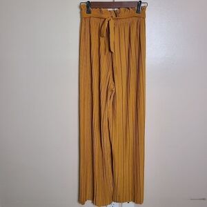 Mustard Yellow Tie Waist Chiffon Pleated Wide Leg Palazzo Pants